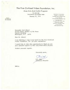 ["The document discusses the success of the Five Civilized Tribes Foundation's Area Arts and Crafts Program in providing training and jobs for Native American craftsmen in Oklahoma. The program has established multiple training centers and has seen an increase in sales and profits for the craftsmen. Financial support from the Bureau of Indian Affairs and the Oklahoma Vocational and Technical Education Branch has been crucial for the program's success, but funding may be limited in the future. The program has provided jobs for 239 Native Americans, with plans for expansion and new training centers in the coming year."]