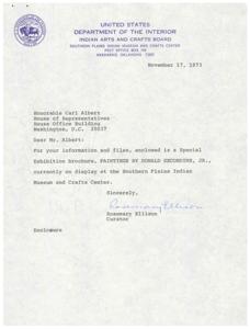 ["The document is a letter to Honorable Carl Albert enclosing a brochure for a special exhibition of paintings by Donald Secondine, Jr. at the Southern Plains Indian Museum and Crafts Center. It provides information about Secondine's background, training, and artistic influences, as well as details about his current exhibition. The document highlights Secondine's dedication to preserving his cultural heritage through his artwork and includes information on how to purchase his paintings. A response letter from The Speaker acknowledges receipt of the brochure and expresses appreciation for being informed about the exhibition."]
