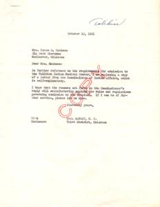 Correspondence Regarding Admission Policies at the Talihina Indian Medical Center, 1951, 1951-09-25