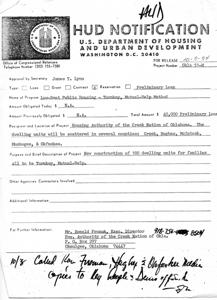 Housing Development Project Notification: Low-Rent Public Housing for the Creek Nation of Oklahoma, 1974-01-01 - 1974-12-31