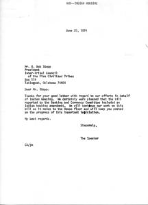 Progress on Indian Housing Legislation: A Letter of Thanks, 1974-06-06