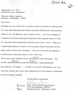 Inquiry Regarding Shawnee Ancestry: Exhibit #2, 1970-09-17
