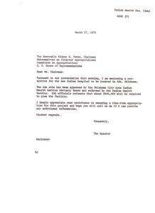 Request for Line-Item Appropriation for New Indian Hospital in Ada, Oklahoma, 1975-03-17