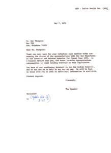 Correspondence Regarding the Status of 1976 Appropriations Bill and Ada Indian Hospital, 1975-05-07