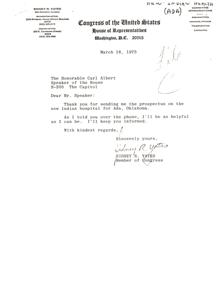Congressman Sidney R. Yates&#39; Response to Proposal for New Indian Hospital in Ada, Oklahoma, 1975-03-18