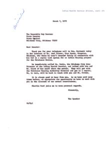 ["The letter is thanking Senator Bostner for contacting the Indian Health Service on behalf of Mr. Joel Oliver, who felt he was treated unfairly in a bid for a septic tank system for an Indian Housing project. The Indian Health Service is looking into the matter and will provide a report to the Senator and Mr. Oliver. The letter expresses appreciation for the opportunity to work together for mutual constituents."]