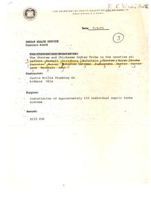 Contract Award for Installation of Septic Tanks for Choctaw and Chickasaw Indian Tribe, 1975-01-01 - 1975-12-31