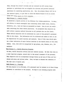 ["The document outlines the goals and strategies of a health project aimed at improving the health profile of the Oklahoma City Indian population. The project includes screening eligible individuals for services, collecting medical histories, providing health education programs, and training personnel. The focus is on gathering data, educating the community about health care costs, and improving health outcomes for urban Indians."]