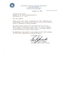 Establishment of Indian Health Service Clinic in Wewoka, Oklahoma: Letter to the Speaker of the House, 1974-09-30