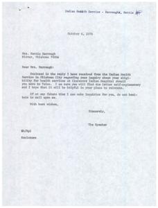 Inquiry Regarding Eligibility for Indian Health Services at Claremore Hospital, 1976-09-23