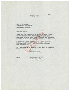 Letter of Gratitude and Interest from Carl Albert to J.B. Wright Regarding Review of Angie Debo&#39;s Work on Oklahoma&#39;s Five Civilized Tribes, 1951-07-02