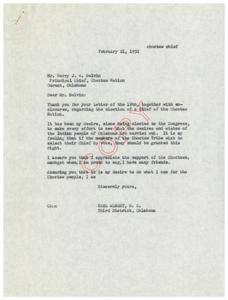 Supporting Choctaw Nation&#39;s Right to Elect Their Chief: A Letter from Carl Albert, M.C. to Principal Chief Harry J. W. Belvin, 1952-02-21