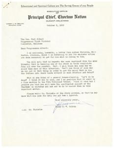 Principal Chief Belvin&#39;s Plea for Fairness and Efficiency in Distribution of Funds to Native Tribes, 1952-10-02