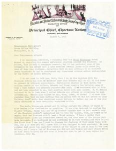 Concerns Over Choctaw Election Integrity in 1952 Letter from Principal Chief to Congressman, 1952-08-07