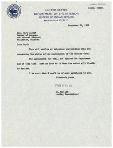 Letter to Congressman Carl Albert Regarding the Appointment of the Choctaw Chief, 1952-09-22