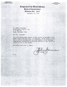 Letter of Support for Inter-Tribal Council, Inc. from John Jarman, M.C., 1975-09-18