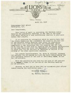Concerns Regarding Talihina Indian Hospital Capacity, 1947-04-10