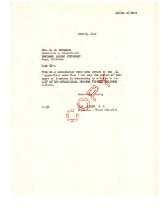 Letter of Appreciation for Support in Oklahoma Indian Education Program, 1948-06-04