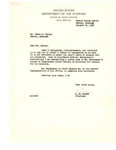 Request for Resignation Letter from Pawnee Indian School Superintendent, 1948-01-21
