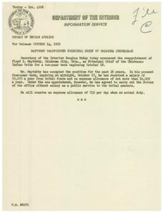 Maytubby Reappointed as Principal Chief of Oklahoma Chickasaws, 1955-10-14