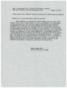 Concerns Regarding Reduction in Force at PHS Indian Hospital, Talihina, 1957-01-01 - 1957-12-31