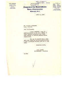 Correspondence from Congressman Carl Albert regarding Indian Legislation, 1947-04-14