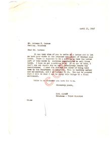 Letter from Carl Albert Regarding the Proposed Settlement of Choctaw Coal Lands, 1947-04-11