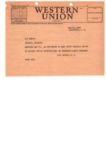 Telegram to Carl Albert from Ardmore Junior Chamber of Commerce - Carter Seminary, 1947-05-16