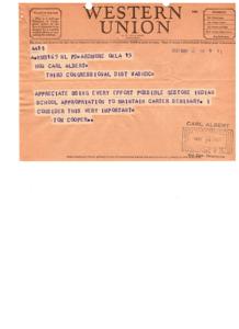 Telegram to Carl Albert from Tom Cooper - Carter Seminary, 1947-01-01 - 1947-12-31