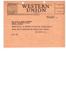 Telegram Sent to Reverend Edwin A. Morton, Ardmore Ministerial Alliance, 1947-05-17