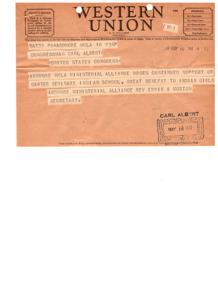Telegram Urging Support for Carter Seminary Indian School, 1947-01-01 - 1947-12-31