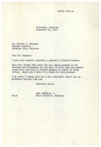 Inquiry Regarding Payment to Choctaw Indians, 1958-09-29