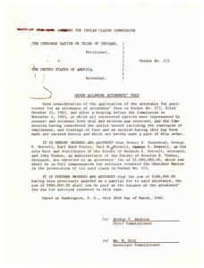 Order Allowing Attorneys&#39; Fees for Cherokee Nation Claim, 1963-10-21