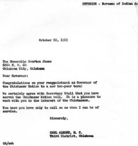 Recommendation for Re-appointment of Overton James as Governor of the Chickasaw Nation, 1965-09-03