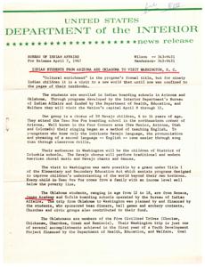 ["Ninety Indian students from Arizona and Oklahoma are visiting Washington, D.C. as part of a cultural enrichment program. The Navajo children from Arizona will perform traditional and modern choral music and dances, while the Oklahoma students, members of the Five Civilized Tribes, are part of a Youth Development Project aiming to help them make plans and decisions for themselves. The trip was funded through grants and fundraising efforts. The students will meet with officials, tour historic sites, and attend a baseball game during their visit."]