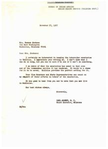 ["The document is a letter from a concerned citizen to man Carl Albert, urging him to help save the Tubercular Sanatorium in Talihina. The document expresses the importance of the sanatorium to the community and the need for more jobs in the area. It also includes information about a rally day scheduled to prevent the consolidation of the sanatorium with another facility. The document highlights the efforts of local leaders and legislators to defend the sanatorium and resist a plan to move it to a giant medical complex in Oklahoma City."]
