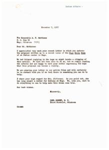 ["The document is from A.P. Matthews to man Carl Albert endorsing the proposal for an Indian Health Center in Hugo, Oklahoma. Matthews highlights the importance of such a center for medically indigent Indians and expresses support for Mrs. Wallace Jefferson's efforts in advocating for the center. He offers his assistance in any way possible to help make the center a reality. man Albert responds, thanking Matthews for his support and acknowledging the importance of the center."]