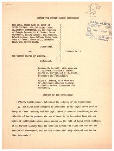 Class Action Claim by Loyal Creek Band for Civil War Losses, 1949-05-12