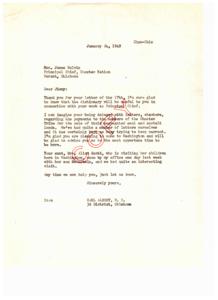 ["The document includes communication between Congressman Carl Albert and Principal Chief Harry J.W. Belvin of the Choctaw Nation regarding the appropriation of funds for the sale of Choctaw lands. Belvin expresses appreciation for a Choctaw language dictionary and discusses plans to visit Washington. Albert assures Belvin of his support for the full appropriation amount and acknowledges the Choctaw tribe's long wait for these proceeds. The document also mentions the Choctaw tribe's protest against a partial appropriation and requests for the full amount."]