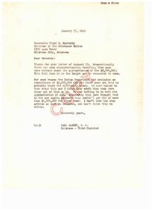 ["The document is a series of letters between Carl Albert and Floyd E. Maytubby regarding the appropriation of $8,500,000 for the Chickasaw Nation. There was a misunderstanding about the expenditure estimate for the first year, with Maytubby insisting on the full amount being paid in a lump sum as per the contract. Albert assures Maytubby that he will insist on the full amount being included in the appropriation bill."]