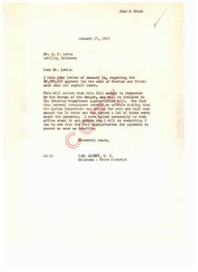 ["Mr. Lewis received a letter from Carl Albert regarding the $8.5 million payment for the sale of Choctaw and Chickasaw coal and asphalt lands. Carl Albert assured Mr. Lewis that the full amount is requested by the Bureau of the Budget and will be included in the Interior Department appropriation bill. There was a misunderstanding in the newspapers about the amount requested, but Carl Albert will ensure that the full appropriation for payments is passed as soon as possible."]