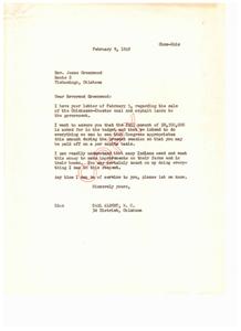 ["The document from Reverend Jesse Greenwood to Congressman Carl Albert expresses the urgency of appropriating funds for the sale of Chickasaw-Choctaw coal and asphalt lands to the government. The Reverend emphasizes the importance of this money for making improvements on farms and in homes, and requests prompt action on the matter. Congressman Albert responds, assuring Reverend Greenwood that he will do everything he can to ensure the full amount of $8,500,000 is appropriated by Congress during the current session."]