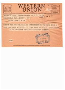 Telegram from Governor Floyd Maytubby of Chickasaw Nation to Honorable Carl Albert regarding an Appropriation Bill, 1949-01-01 - 1949-12-31