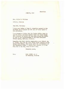 Indian Affairs and Post Office Bills: A Letter from Mrs. Lillie E. Williams to Congressman Carl Albert, 1949-06-10