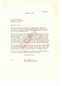 Correspondence regarding Payment for Coal Lands Sale to Choctaw and Chickasaw Tribe Members, 1949-08-18