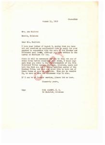 Correspondence Regarding Application for Choctaw and Chickasaw Coal Lands Sale Payment, 1949-08-11