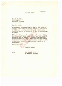 Correspondence Between Hon. M. W. Priddy and Carl Albert Regarding Native American Checks and Political Affairs, 1949-08-02
