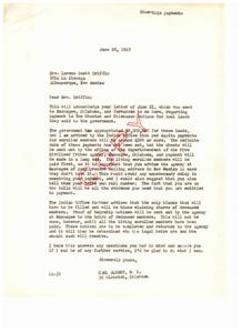 Government Appropriation for Choctaw and Chickasaw Coal Lands: A Letter to Mrs. Lorena Scott Griffin, 1949-06-28