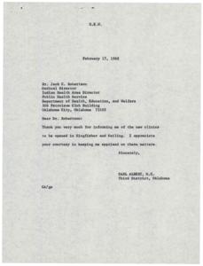 Establishment of El Reno Clinic: Letter to Honorable Carl Albert, M. C., 1968-01-02
