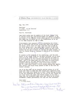 ["The document from J. Gladston Emery expresses frustration over the slow processing of payments for the Creek Indian Tribe's treaty claim by the United States Department of the Interior. Emery is concerned about the excessive delays and potential misuse of funds, urging for a prompt settlement to avoid further complications. A response from Congressman Albert's office acknowledges the letter and offers assistance in the matter."]